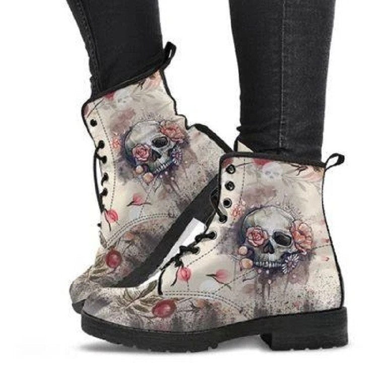 Womens Skull Boots | Light Pink | Flowers | Ankle Boots | Doc Martens Style | Rose | Skull | Halloween