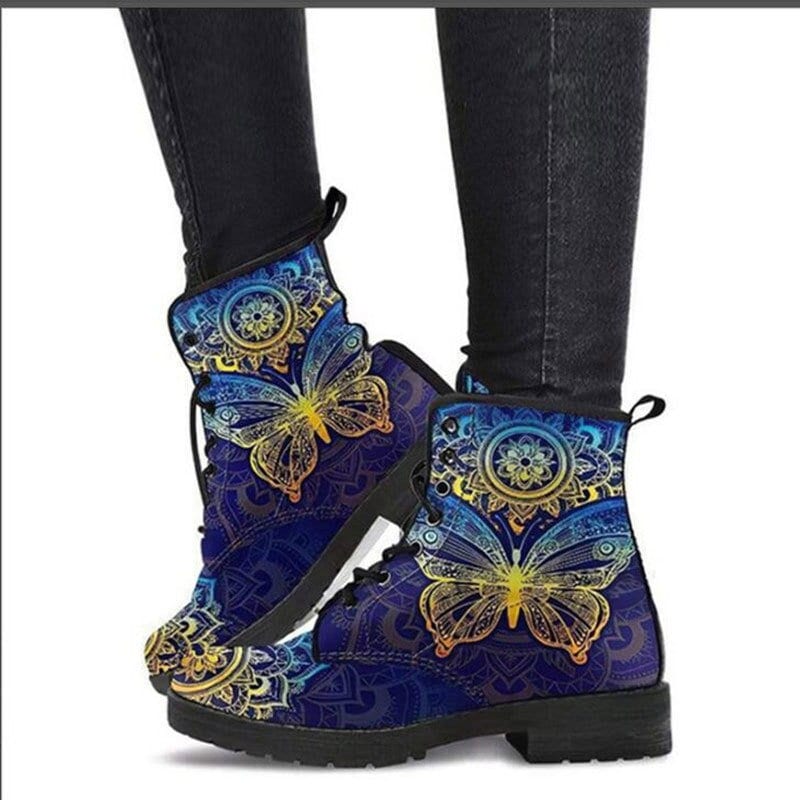 Golden Mandala Butterfly Womens Boots | PU Leather | Steam Punk | Gothic | Vegan