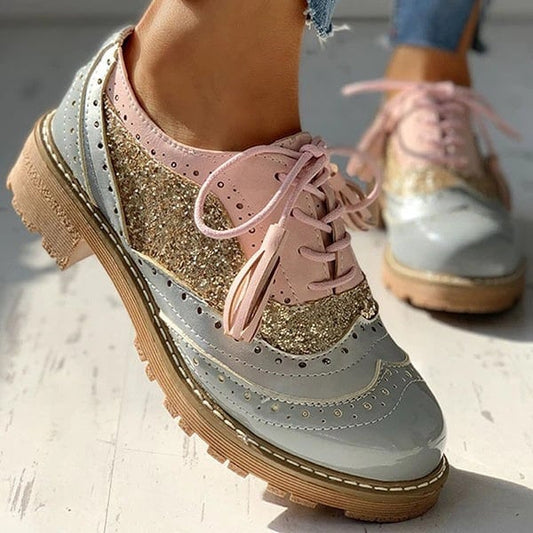 Damen Brogue Bling Schuhe | Mischfarbe | Schuhe im Oxford-Stil | Gold | Silber | Frauen Schuhe